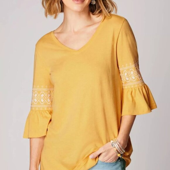 J.Jill Embroidered Sleeve Double-v Tee Shirt Women Size Large Gold Ruffle Boho‎ - Picture 2 of 7